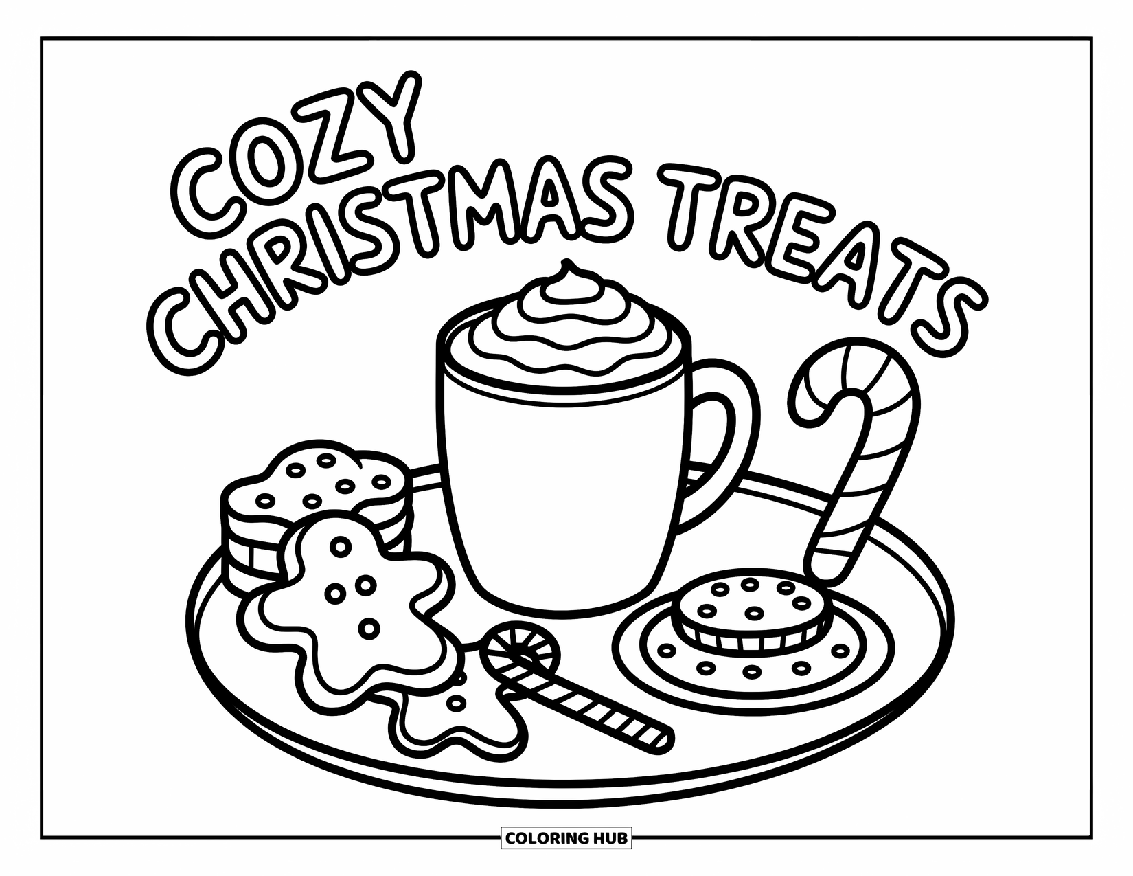 Merry Christmas Coloring Page for Adults: Hot cocoa, cookies, and treats sit on a tray labeled "Cozy Christmas Treats"