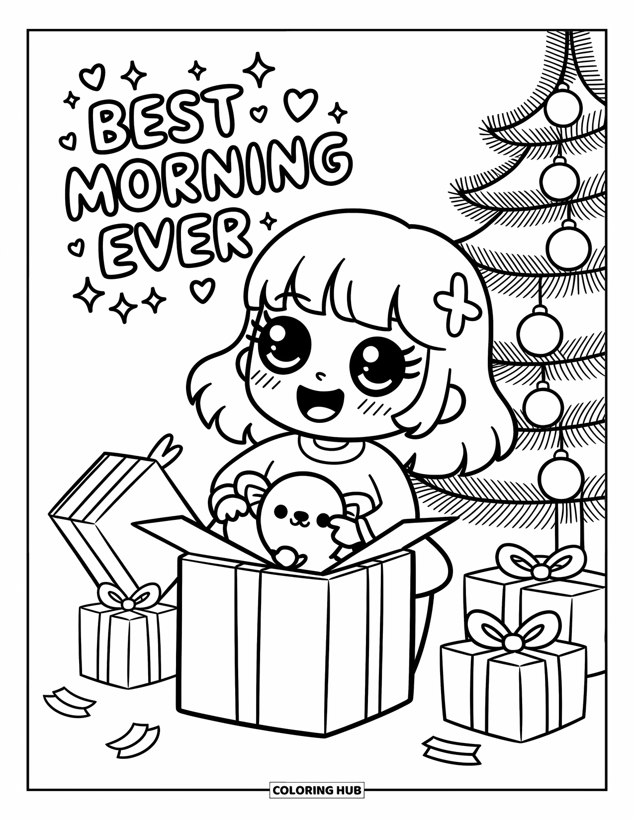 Merry Christmas Coloring Page for Adults: Joyful unwrapping under the tree happens beneath "Best Morning Ever"