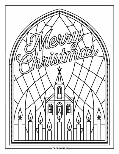 Boldog karácsonyt kifestő felnőtteknek: A "Merry Christmas" felirat ível egy részletgazdag ólomüveg templomablak fölött