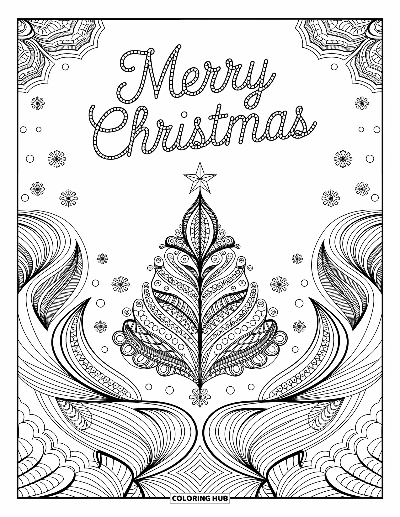 Merry Christmas Coloring Page for Adults: "Merry Christmas" floats above a tree surrounded by swirling mandalas