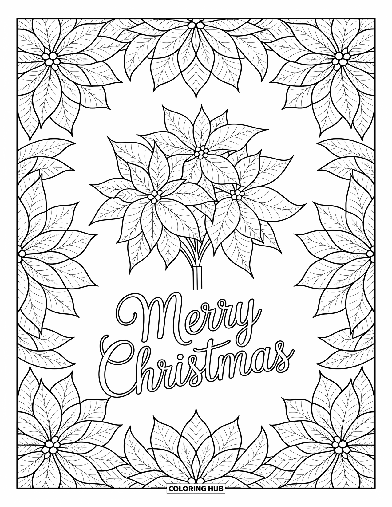 Merry Christmas Coloring Page for Adults: "Merry Christmas" is framed by poinsettia petals in a delicate mandala