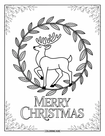 Boldog karácsonyt kifestő felnőtteknek: A "Merry Christmas" felirat pihen egy mintás levelekkel körülvett rénszarvas alatt