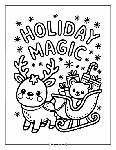 Boldog karácsonyt kifestő felnőtteknek: Rénszarvas és szán hozza az örömöt, felettük a "Holiday Magic" felirat
