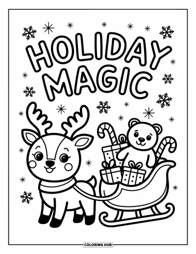 Boldog karácsonyt kifestő felnőtteknek: Rénszarvas és mackókkal teli szán csillog a "Holiday Magic" felirat alatt