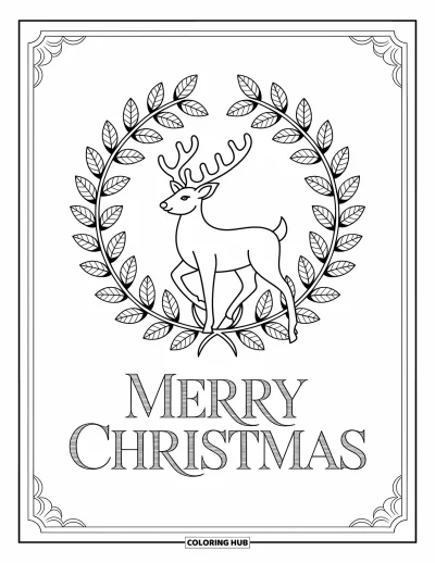 Boldog karácsonyt kifestő felnőtteknek: Rénszarvas és koszorú díszít egy ünnepi jelenetet a "Merry Christmas" felirat alatt