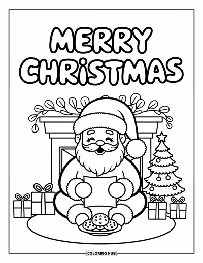 Boldog karácsonyt kifestő felnőtteknek: A Mikulás levelet olvas a kandalló mellett egy "Merry Christmas" szalag alatt