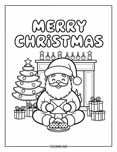 Boldog karácsonyt kifestő felnőtteknek: A Mikulás mosolyog sütemények és ajándékok közelében a "Merry Christmas" felirat alatt
