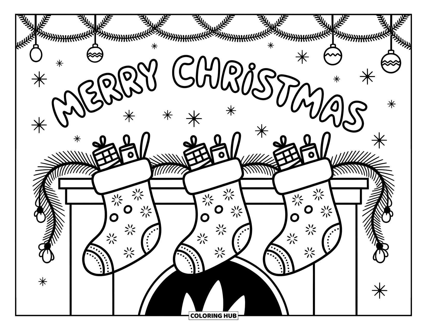 Merry Christmas Coloring Page for Adults: Three patterned stockings hang on a mantel under the phrase "Merry Christmas"