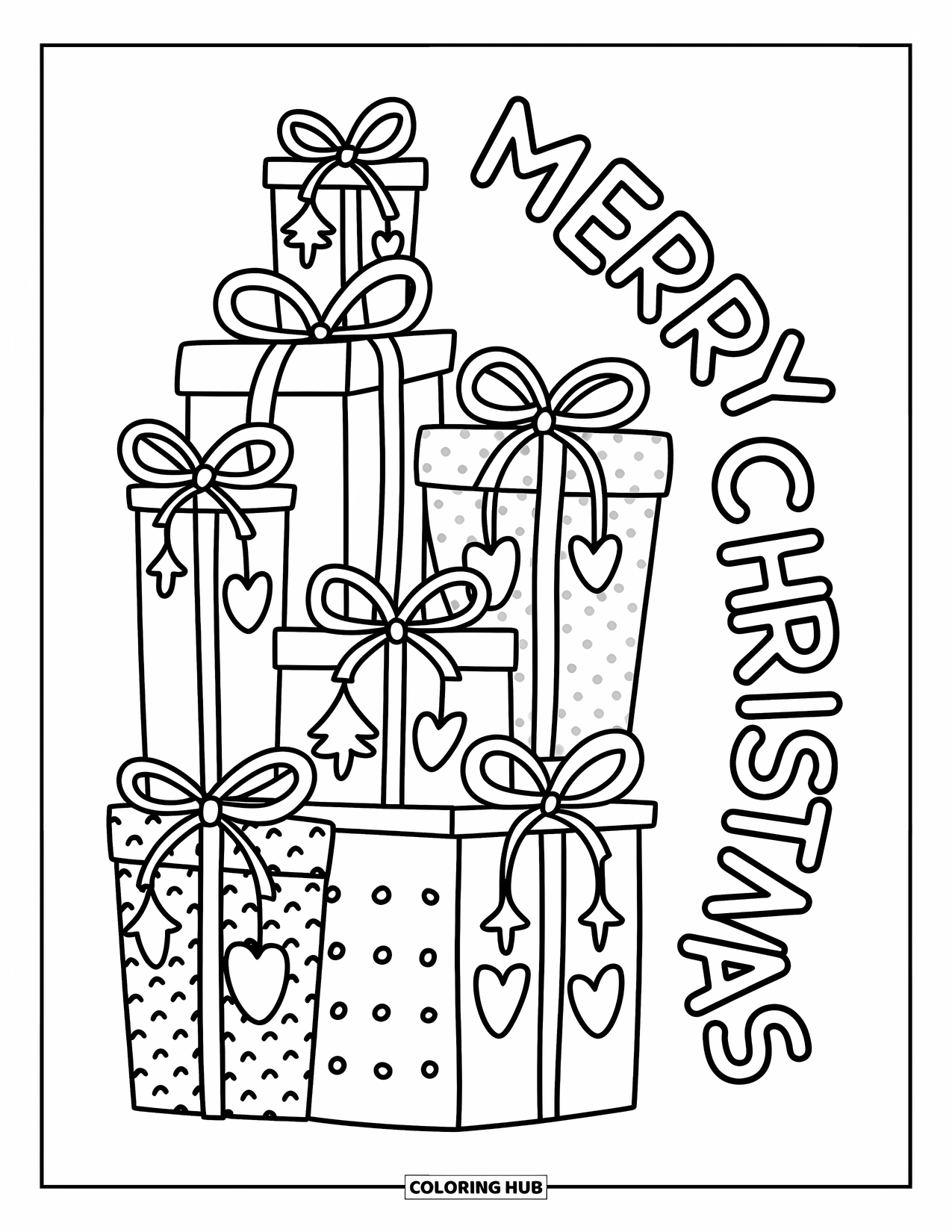 Merry Christmas Coloring Page for Adults: Wobbly presents and name tags line up under "Merry Christmas"