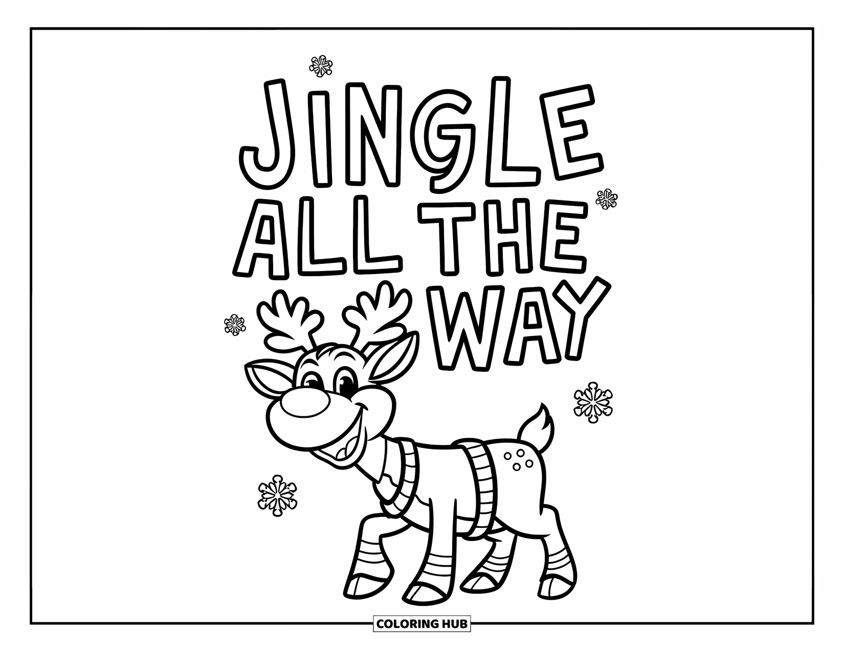 Merry Christmas Coloring Page for Kids: A cartoon reindeer with snowflakes stands under the phrase "Jingle All the Way"