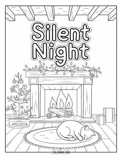 Boldog karácsonyt kifestő gyerekeknek: Egy cica szundít a kandalló mellett, felette a "Silent Night" felirat függ