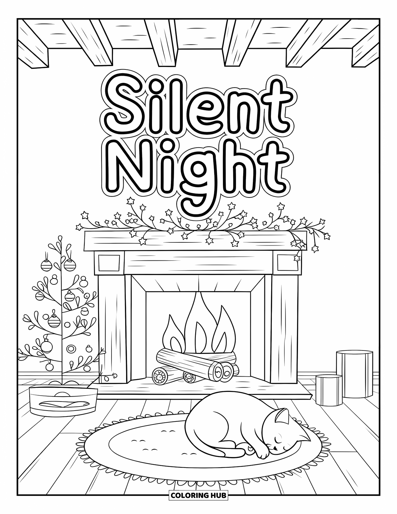 Merry Christmas Coloring Page for Kids: A cat snoozes by a fireplace while "Silent Night" hangs above