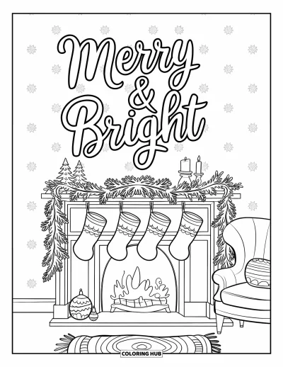 Boldog karácsonyt kifestő gyerekeknek: Egy vidám kandalló zoknikkal és girlandokkal ragyog a "Merry & Bright" felirat alatt