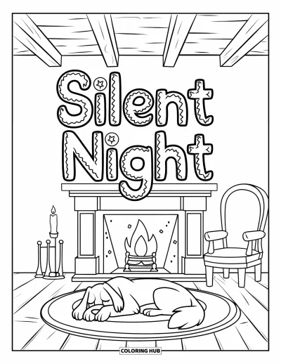 Boldog karácsonyt kifestő gyerekeknek: Egy hangulatos kandalló alvó háziállattal pihen a "Silent Night" felirat alatt
