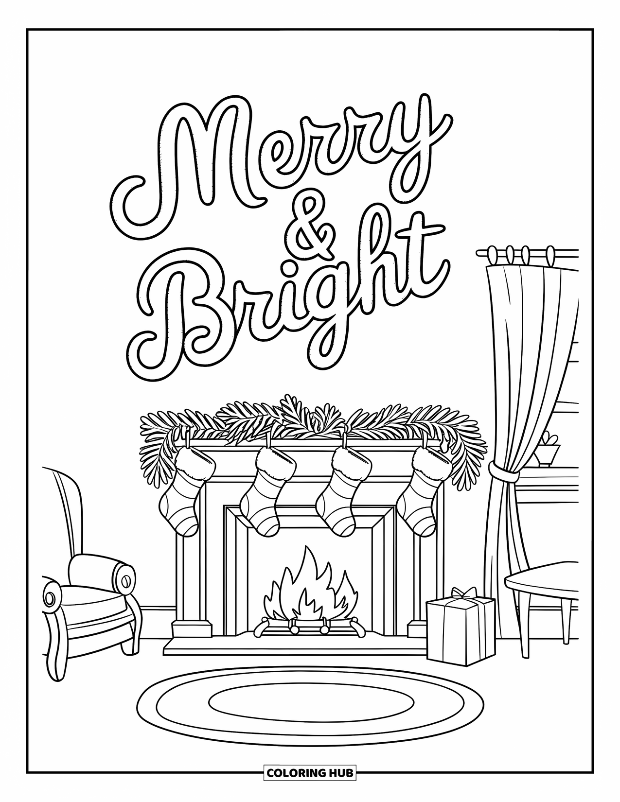 Merry Christmas Coloring Page for Kids: A festive fireplace glows with stockings and "Merry & Bright" above