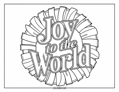 Boldog karácsonyt kifestő gyerekeknek: Egy szalagos ünnepi koszorú pihen a "Joy to the World" finom betűs felirata alatt