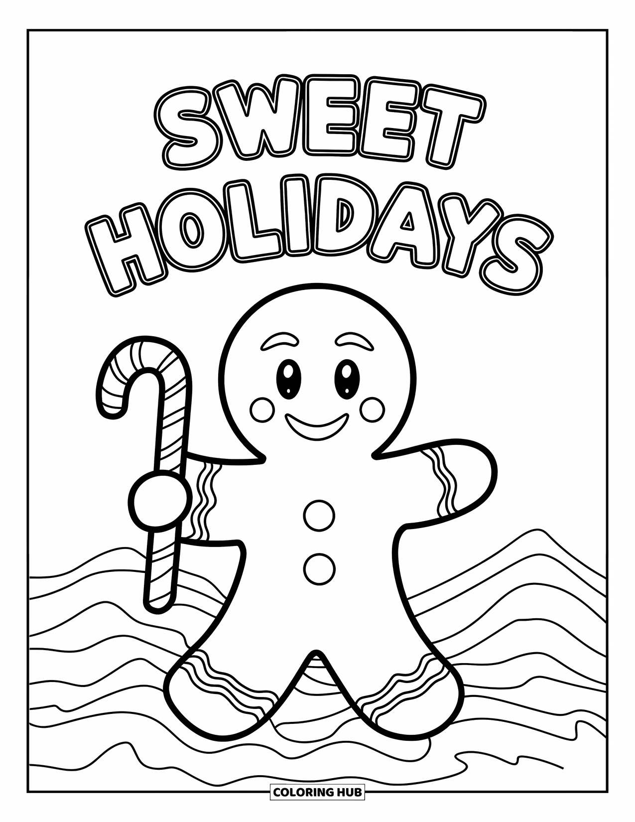 Merry Christmas Coloring Page for Kids: A gingerbread man with a candy cane smiles under "Sweet Holidays"