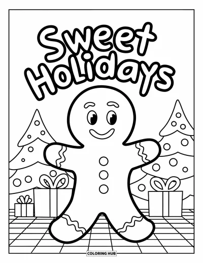 Boldog karácsonyt kifestő gyerekeknek: Egy boldog mézeskalács ember ragyog a "Sweet Holidays" felirat és ünnepi díszek alatt
