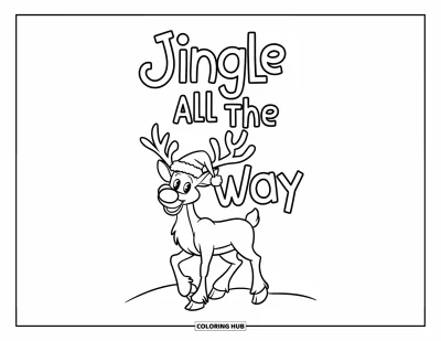 Boldog karácsonyt kifestő gyerekeknek: Egy boldog rénszarvas mikulássapkában áll a "Jingle All the Way" felirat alatt