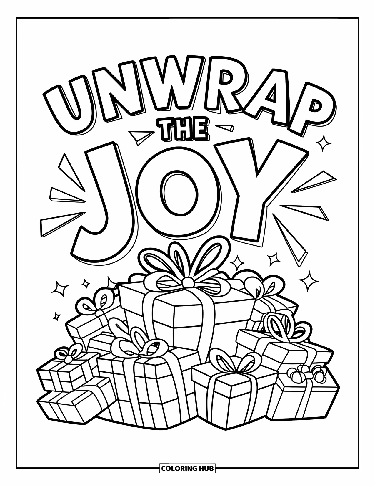 Merry Christmas Coloring Page for Kids: A joyful pile of gifts with bows bursts beneath "Unwrap the Joy"