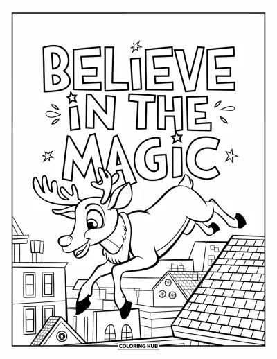 Boldog karácsonyt kifestő gyerekeknek: Egy vidám rénszarvas ugrik havas épületek fölé, felette a "Believe in the Magic" felirat