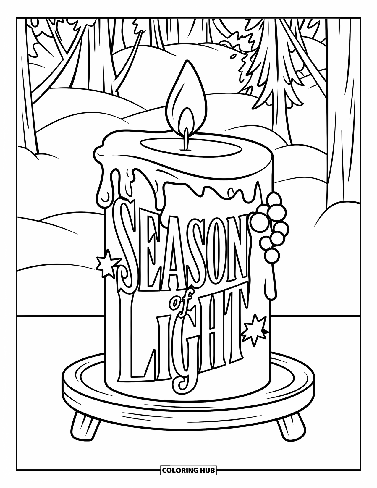 Merry Christmas Coloring Page for Kids: A peaceful winter candle sits with mistletoe and "Season of Light" above