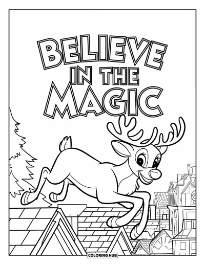 Boldog karácsonyt kifestő gyerekeknek: Egy piros orrú rénszarvas száguld a város felett, miközben a "Believe in the Magic" lebeg felette