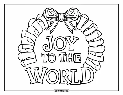 Boldog karácsonyt kifestő gyerekeknek: Szalagos koszorú függ a "Joy to the World" felirat alatt