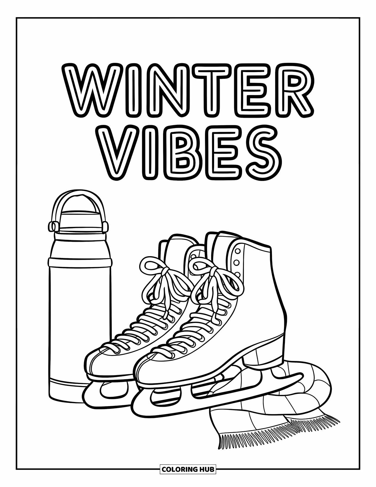 Merry Christmas Coloring Page for Kids: A scarf, skates, and thermos sit together with "Winter Vibes" floating above