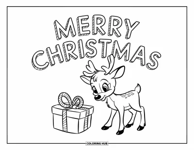 Boldog karácsonyt kifestő gyerekeknek: Egy fényes orrú rénszarvas egy ajándékot néz, miközben felette a "Merry Christmas" lebeg