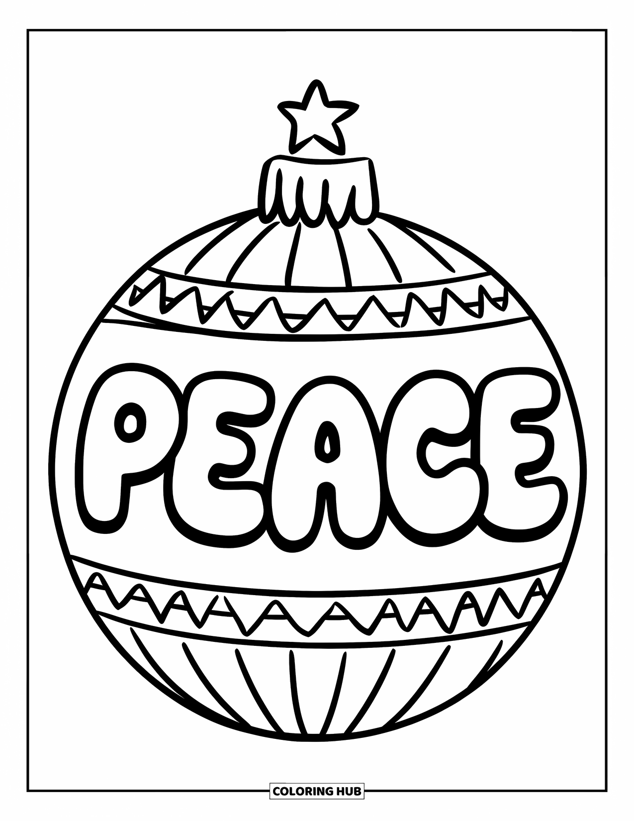 Merry Christmas Coloring Page for Kids: A simple ornament shines with the message "Peace" across the center