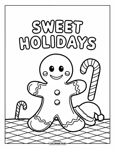 Boldog karácsonyt kifestő gyerekeknek: Egy mosolygós mézeskalács ember büszkén áll a "Sweet Holidays" felirat alatt