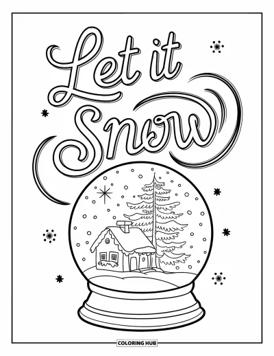 Boldog karácsonyt kifestő gyerekeknek: Egy hógömb házikót és fát rejt a kavargó "Let it Snow" felirat alatt