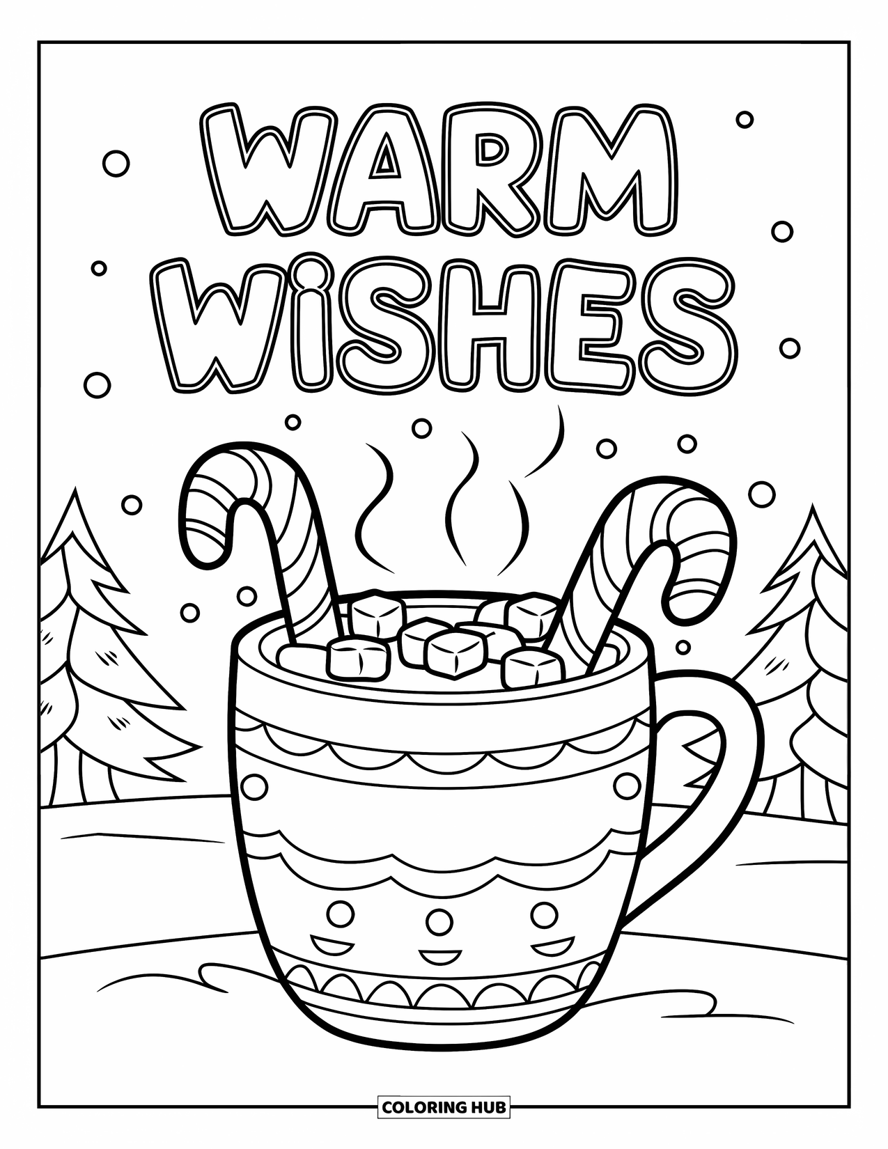 Merry Christmas Coloring Page for Kids: A snowy cocoa scene with marshmallows glows under the phrase "Warm Wishes"