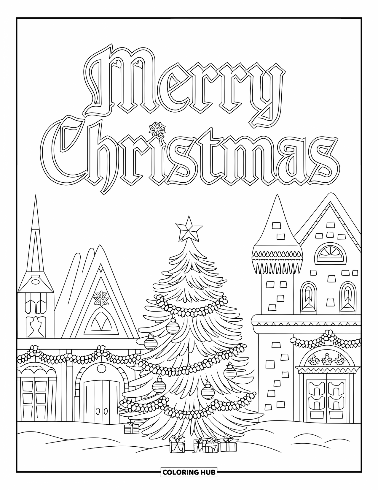 Merry Christmas Coloring Page for Kids: A snowy square with garlands and a big tree sparkles under "Merry Christmas"