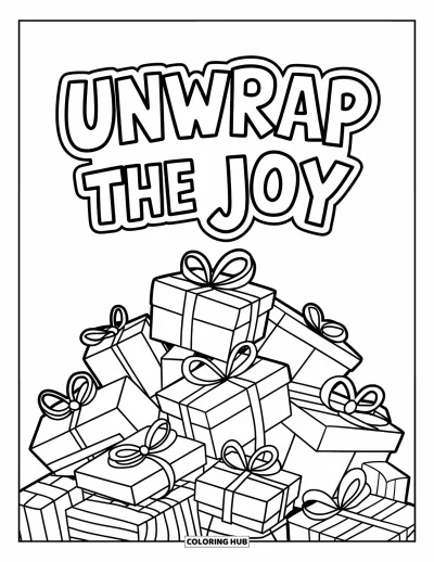 Boldog karácsonyt kifestő gyerekeknek: Szétrobbanó ajándékhalom pihen az "Unwrap the Joy" felirat alatt