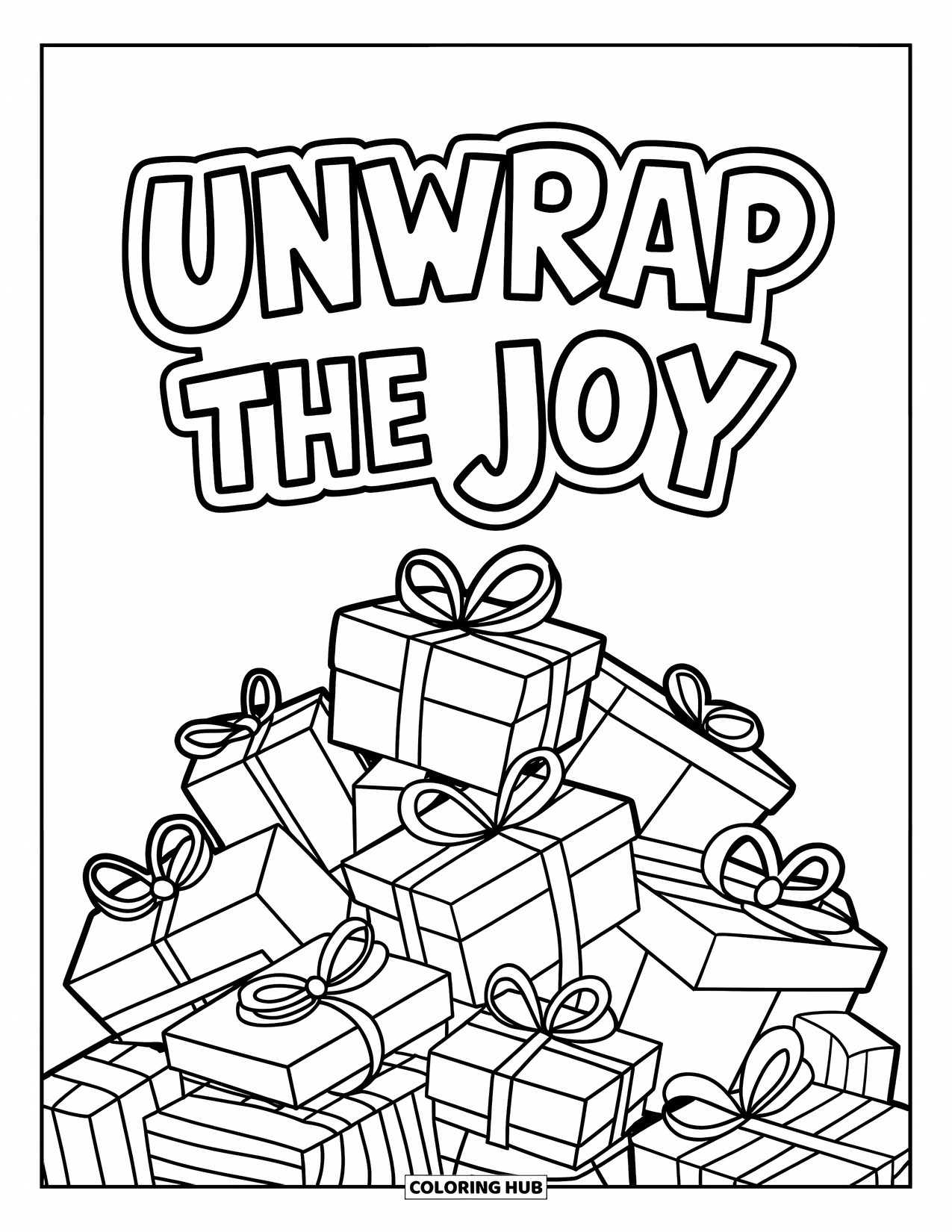 Merry Christmas Coloring Page for Kids: A stack of exploding gifts sits below the words "Unwrap the Joy"