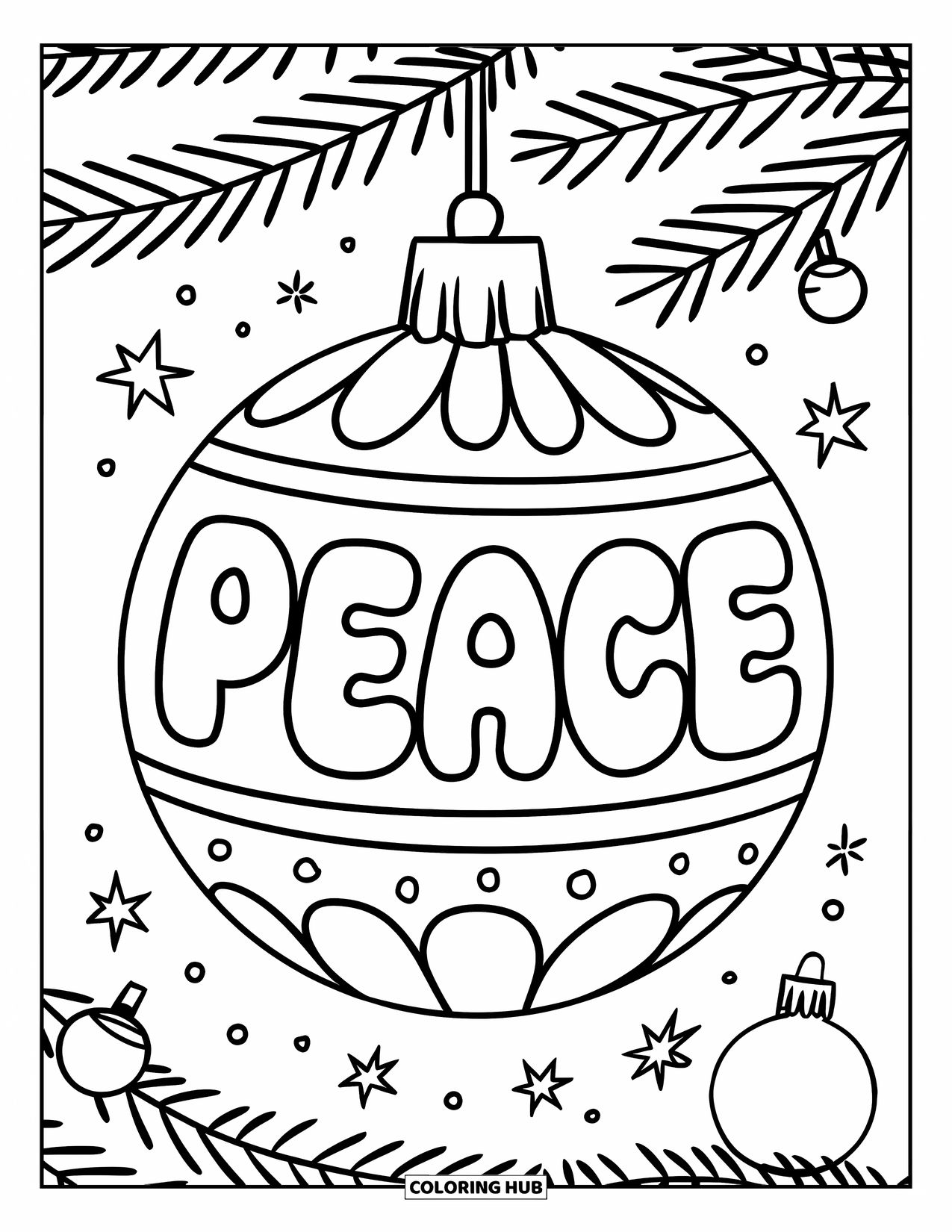 Merry Christmas Coloring Page for Kids: An ornament with bubble letters spells "Peace" with stars and branches nearby