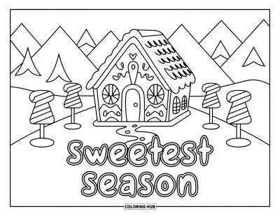 Boldog karácsonyt kifestő gyerekeknek: Cukorpálca fák veszik körül a "Sweetest Season" feliratú mézeskalács házikót