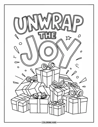 Boldog karácsonyt kifestő gyerekeknek: Ajándékok robbannak elő izgatottan az "Unwrap the Joy" felirat alatt