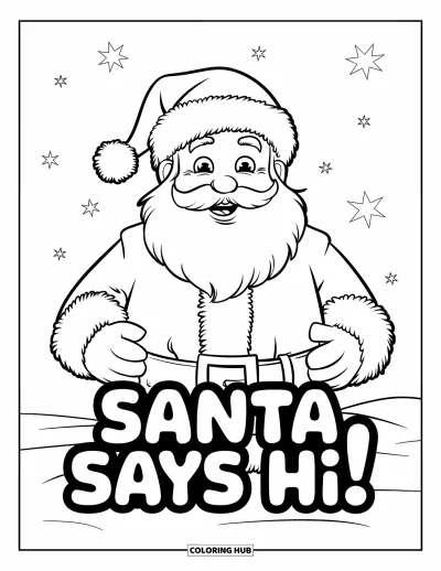 Boldog karácsonyt kifestő gyerekeknek: A Mikulás mosolyogva köszönt csillagos ég alatt, mellette a "Santa Says Hi!" felirat