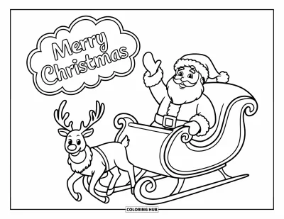 Boldog karácsonyt kifestő gyerekeknek: A Mikulás a szánján ül, integet, felette egy buborékban a "Merry Christmas" felirat