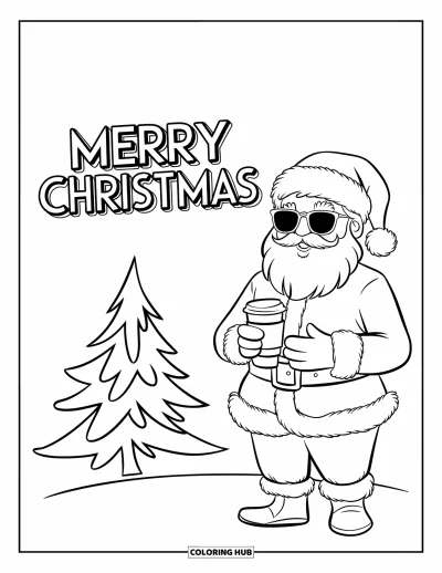 Boldog karácsonyt kifestő gyerekeknek: A Mikulás kávét kortyolgat a hóban egy stílusos "Merry Christmas" karácsonyfás jelenet mellett