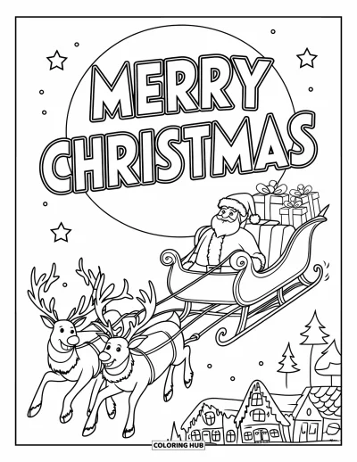Boldog karácsonyt kifestő gyerekeknek: A Mikulás elszáguld a Hold mellett, miközben a "Merry Christmas" felirat betölti az eget