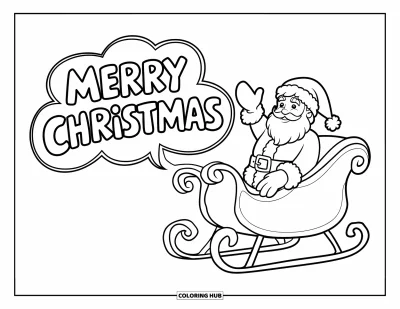Boldog karácsonyt kifestő gyerekeknek: A Mikulás integet a szánjából, felette egy felhőszerű szóbuborékban a "Merry Christmas" felirat