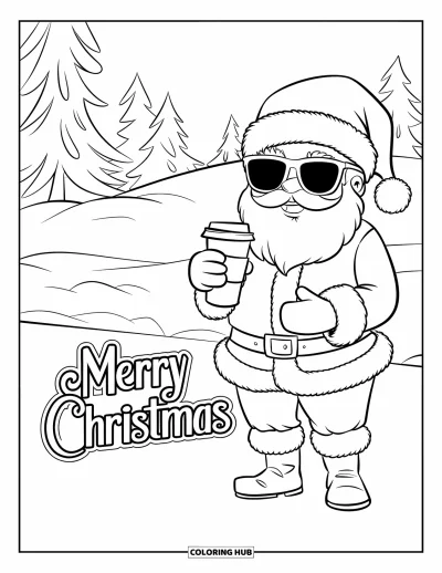 Boldog karácsonyt kifestő gyerekeknek: A Mikulás napszemüvegben, kávéval a kezében áll a hóban egy nagy "Merry Christmas" felirat mellett