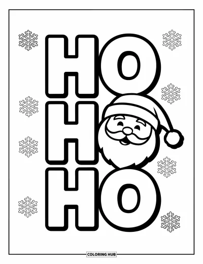 Boldog karácsonyt kifestő gyerekeknek: A Mikulás mosolygó arcát hópelyhek és a "Ho Ho Ho" felirat veszi körül