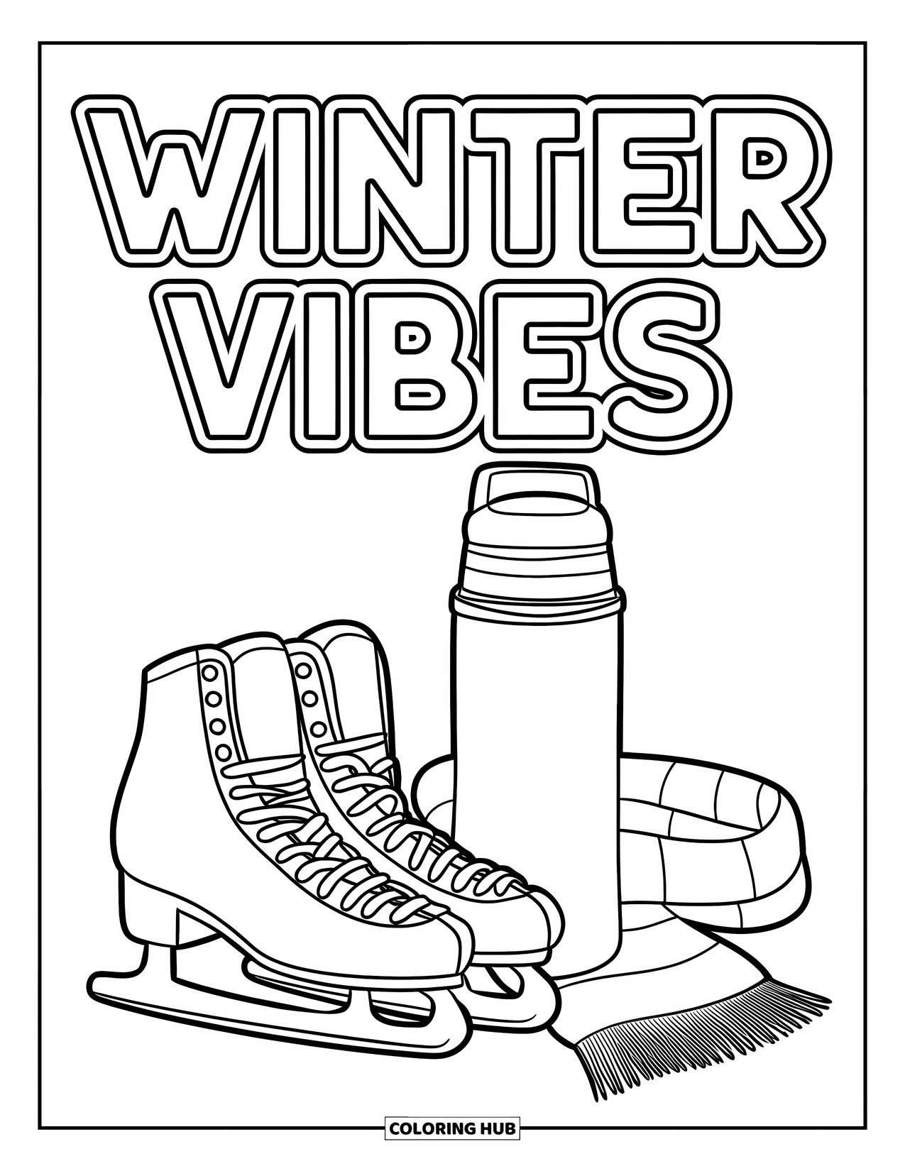 Merry Christmas Coloring Page for Kids: Skates and a warm drink give off cozy "Winter Vibes" in this winter scene