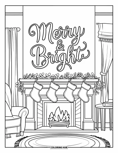 Boldog karácsonyt kifestő gyerekeknek: Zoknik lógnak egy hangulatos kandallón a "Merry & Bright" felirat alatt