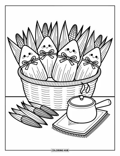 Tegning af mexicansk mad til voksne: Kurv med tamales med bånd, mini-majs og en mønstret serviet